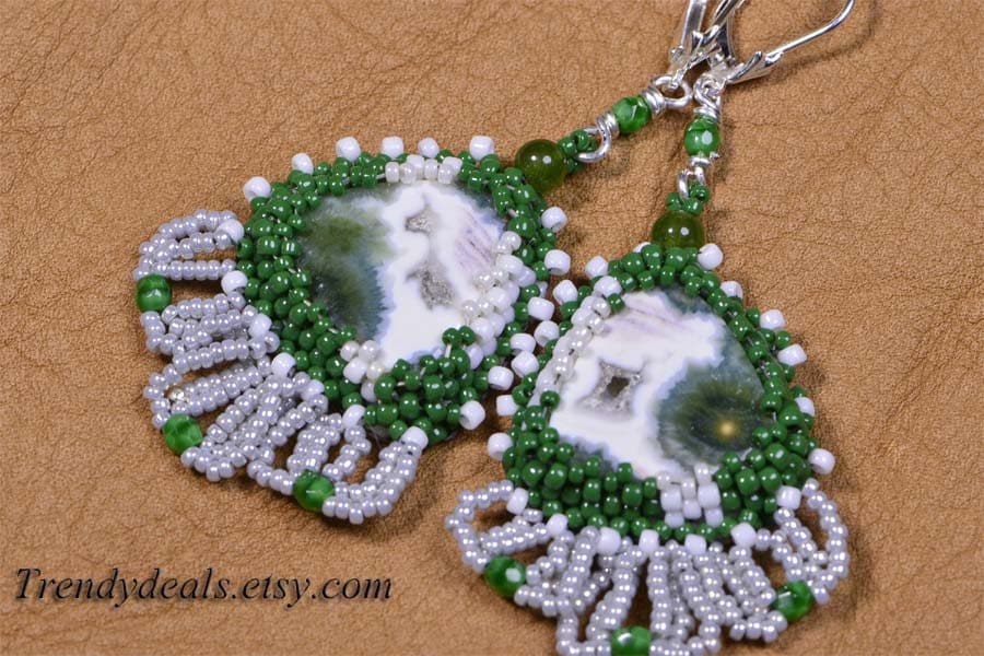 Ocean Jasper Earrings Beaded Earrings Embroidery Seed beads Earrings Peyote beaded Earrings