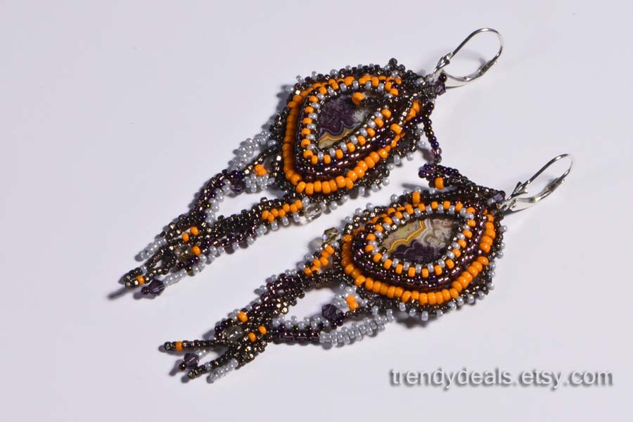 Crazy Lace Agate Beaded Earrings, Sterling Silver Lever Back