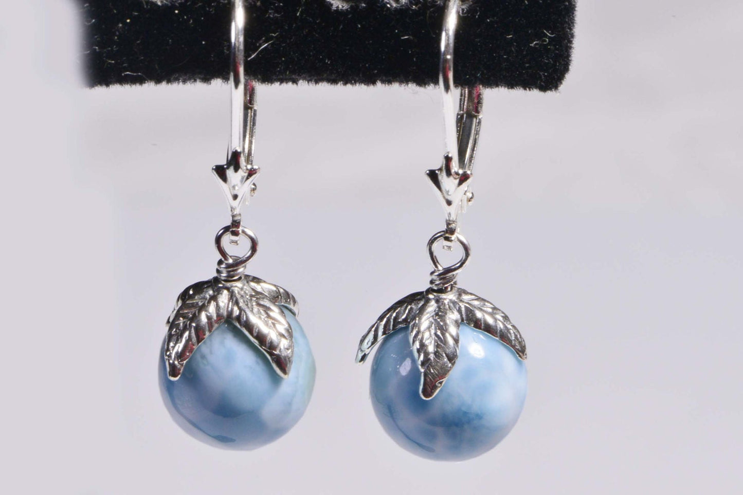 Larimar Earrings, Sterling Silver Wire Wrapped, Handmade Turtleback Stone