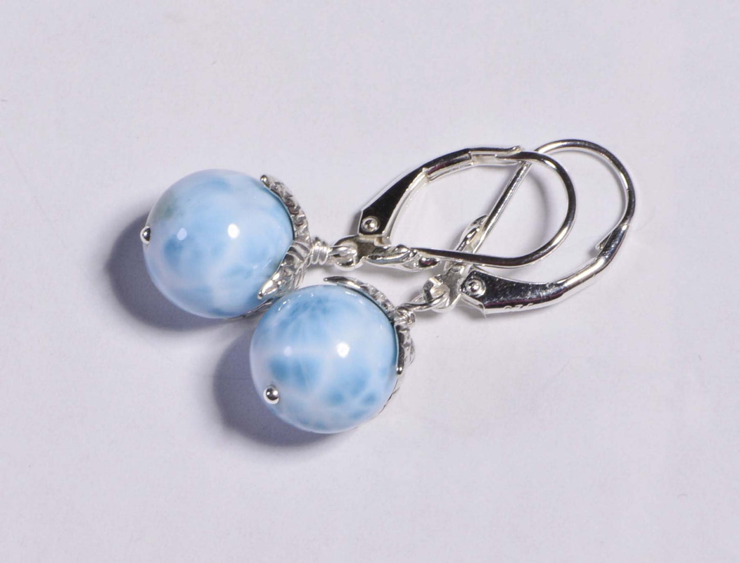 Larimar Earrings, Sterling Silver Wire Wrapped, Handmade Turtleback Stone