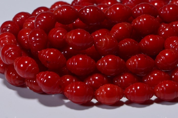 Coral Red Oval Beads: Carved Gemstone Jewelry Supplies (8.5x6mm)