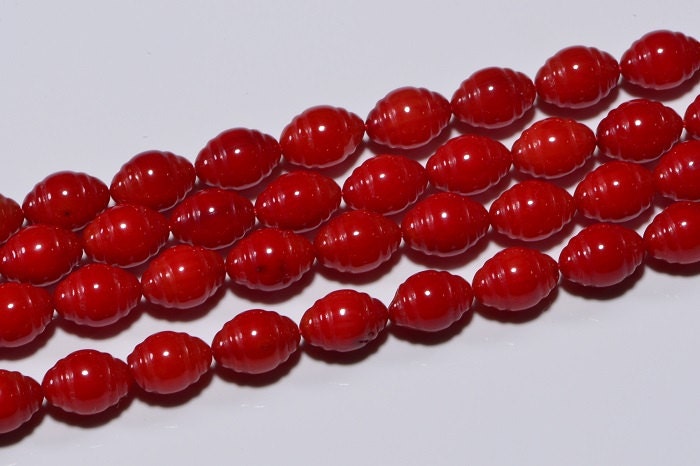 Coral Red Oval Beads: Carved Gemstone Jewelry Supplies (8.5x6mm)