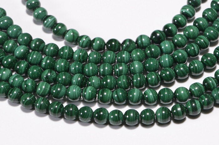 Natural Malachite Beads: 8.2mm Round Gemstone, 8" Strand