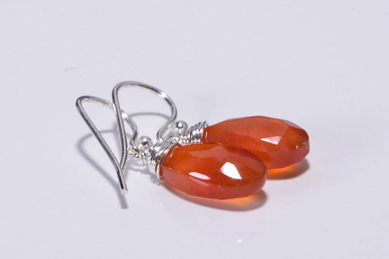 Carnelian Sterling Silver Drop Earrings, Wire Wrapped Gemstone Dangles