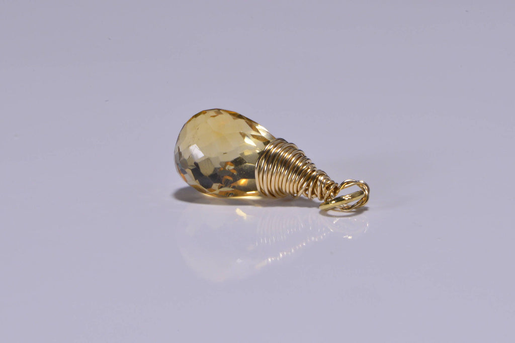 Wire Wrapped Citrine Teardrop Pendant: 14K Gold Filled Dangle