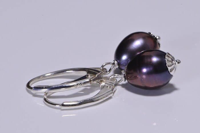 Baroque Black Pearl Drop Earrings, Sterling Silver Lever Back