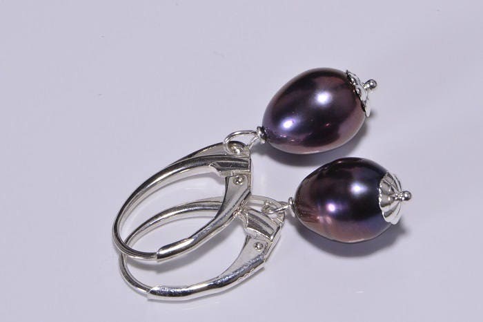 Baroque Black Pearl Drop Earrings, Sterling Silver Lever Back