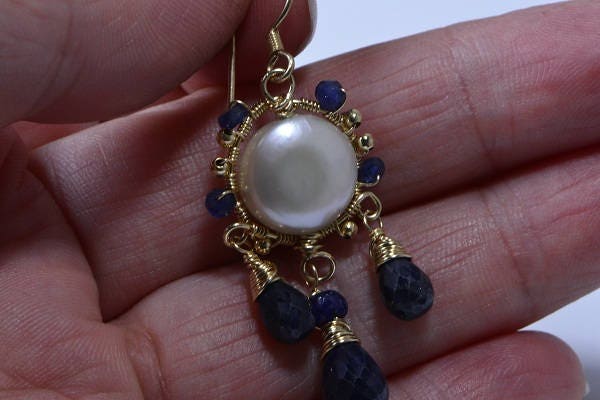 Sapphire & Pearl 14K Gold Filled Wire Wrapped Earrings