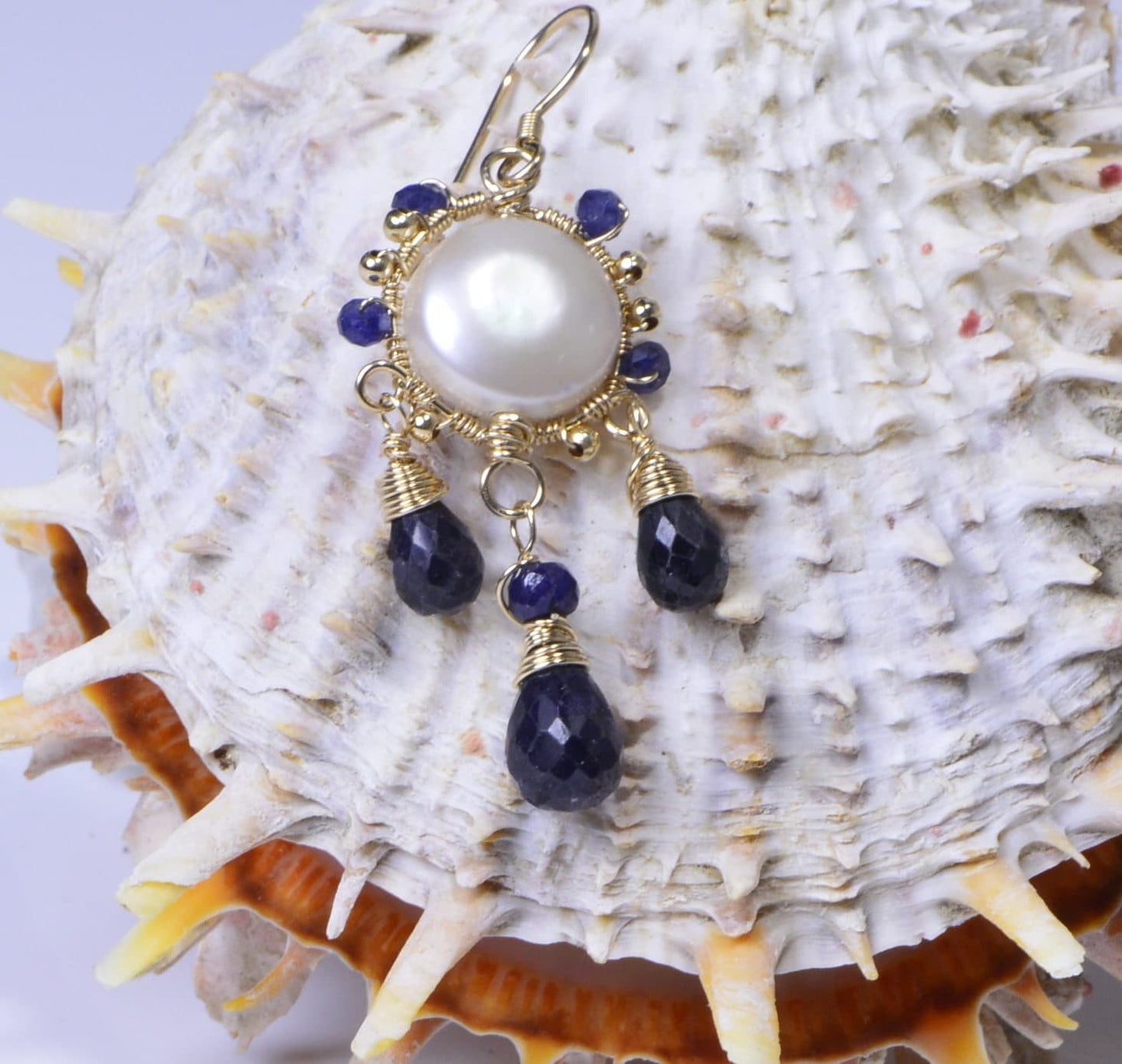 Sapphire & Pearl 14K Gold Filled Wire Wrapped Earrings