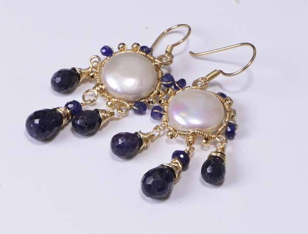 Sapphire & Pearl 14K Gold Filled Wire Wrapped Earrings
