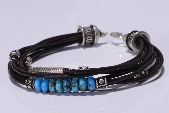Kingman Turquoise Leather Bracelet: Sterling Silver Boho Bangle