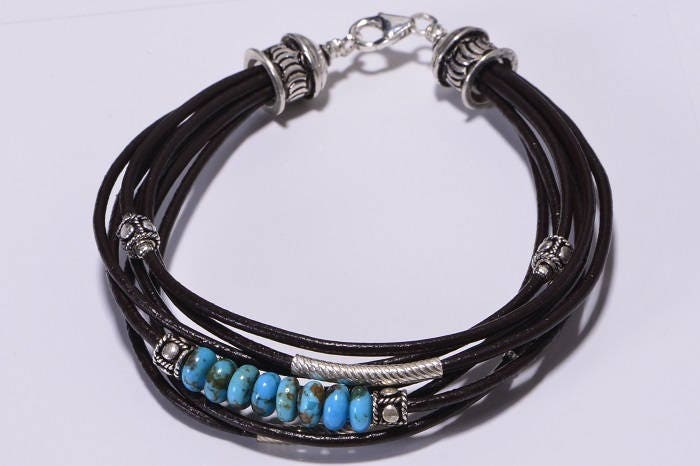 Kingman Turquoise Leather Bracelet: Sterling Silver Boho Bangle