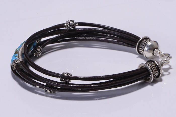 Kingman Turquoise Leather Bracelet: Sterling Silver Boho Bangle