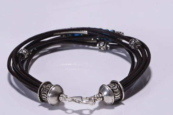 Kingman Turquoise Leather Bracelet: Sterling Silver Boho Bangle