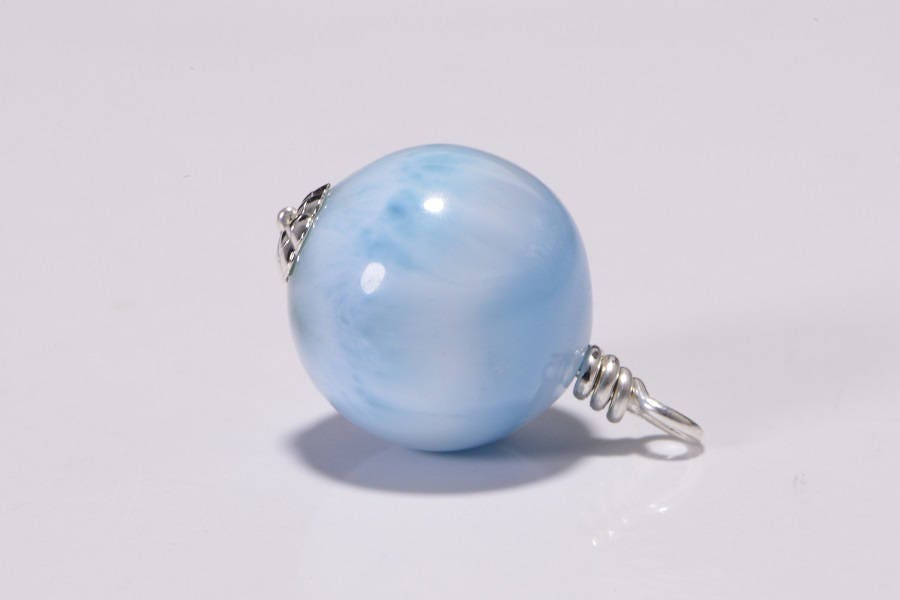 Larimar Pendant, Sterling Silver Wire Wrapped, Turtleback Stone