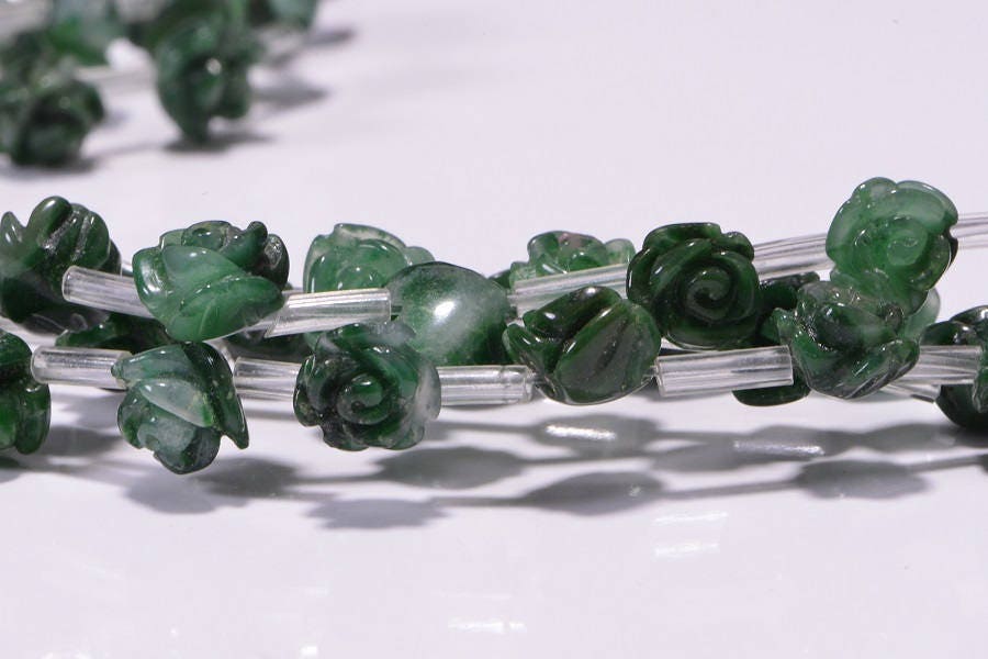 Carved Rose Beads: 10mm African Jade Gemstone, Jewelry Making - 6pcs