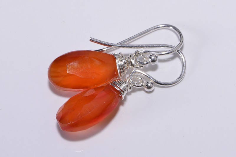 Carnelian Sterling Silver Drop Earrings, Wire Wrapped Gemstone Dangles