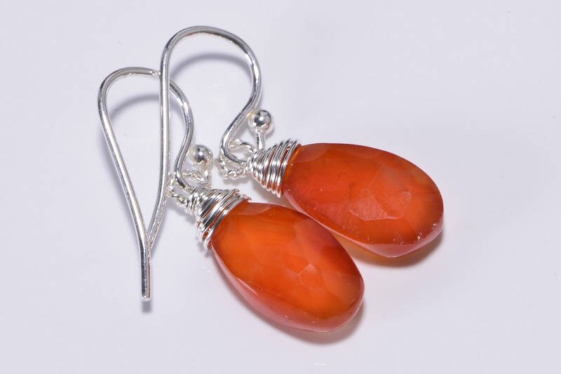 Carnelian Sterling Silver Drop Earrings, Wire Wrapped Gemstone Dangles