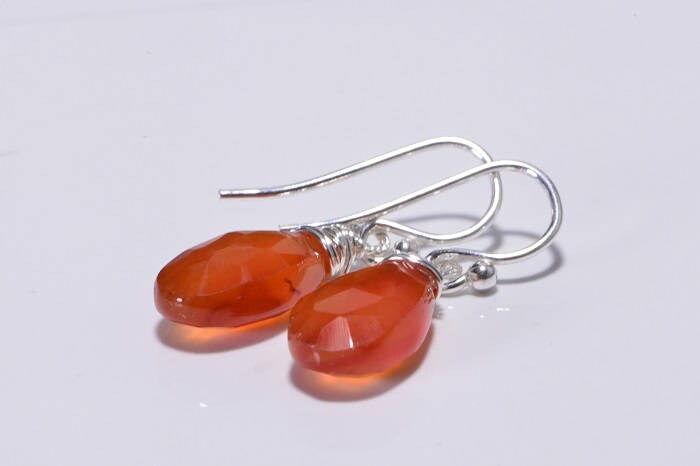 Carnelian Sterling Silver Drop Earrings, Wire Wrapped Gemstone Dangles