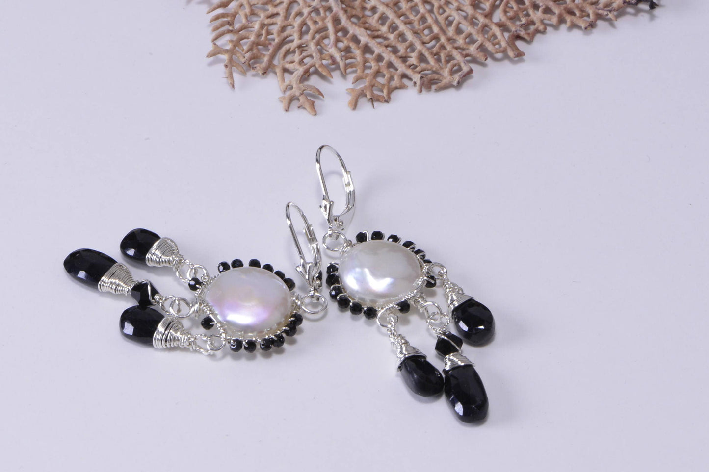 Wire Wrapped Pearl Earrings, Black Onyx, Sterling Silver