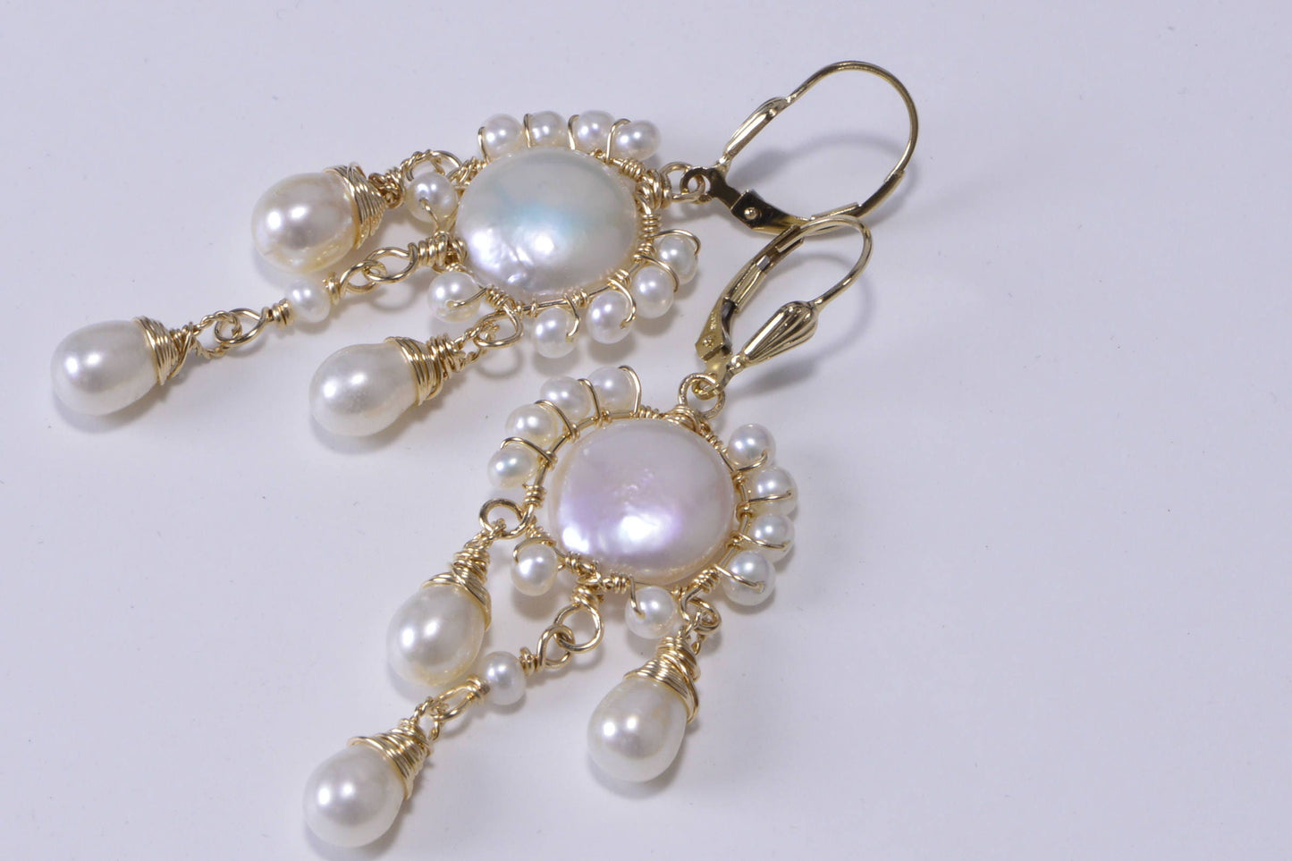 Gold Filled Freshwater Pearl Earrings, Sculpture Wire Wrapped
