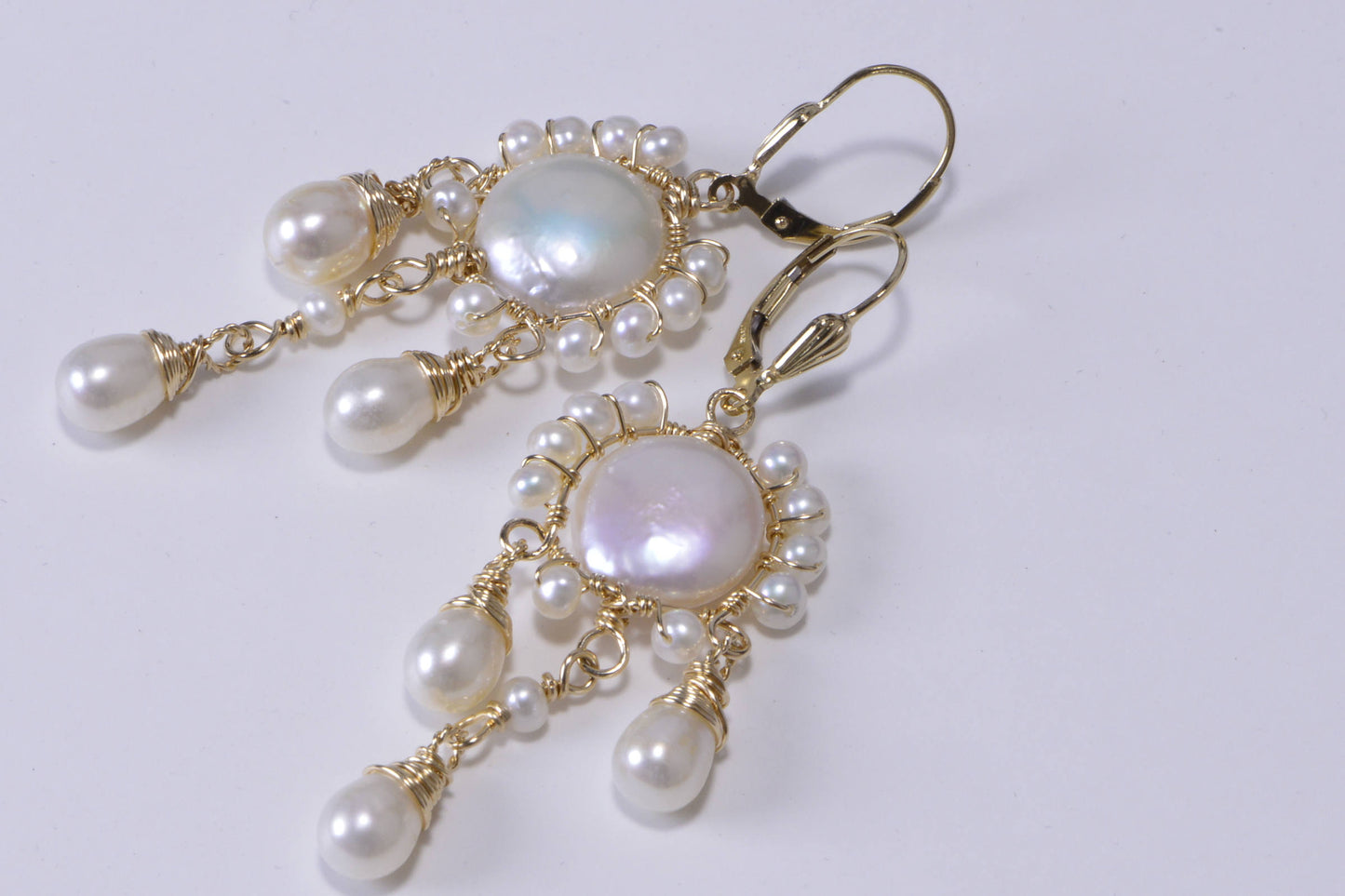 Gold Filled Freshwater Pearl Earrings, Sculpture Wire Wrapped