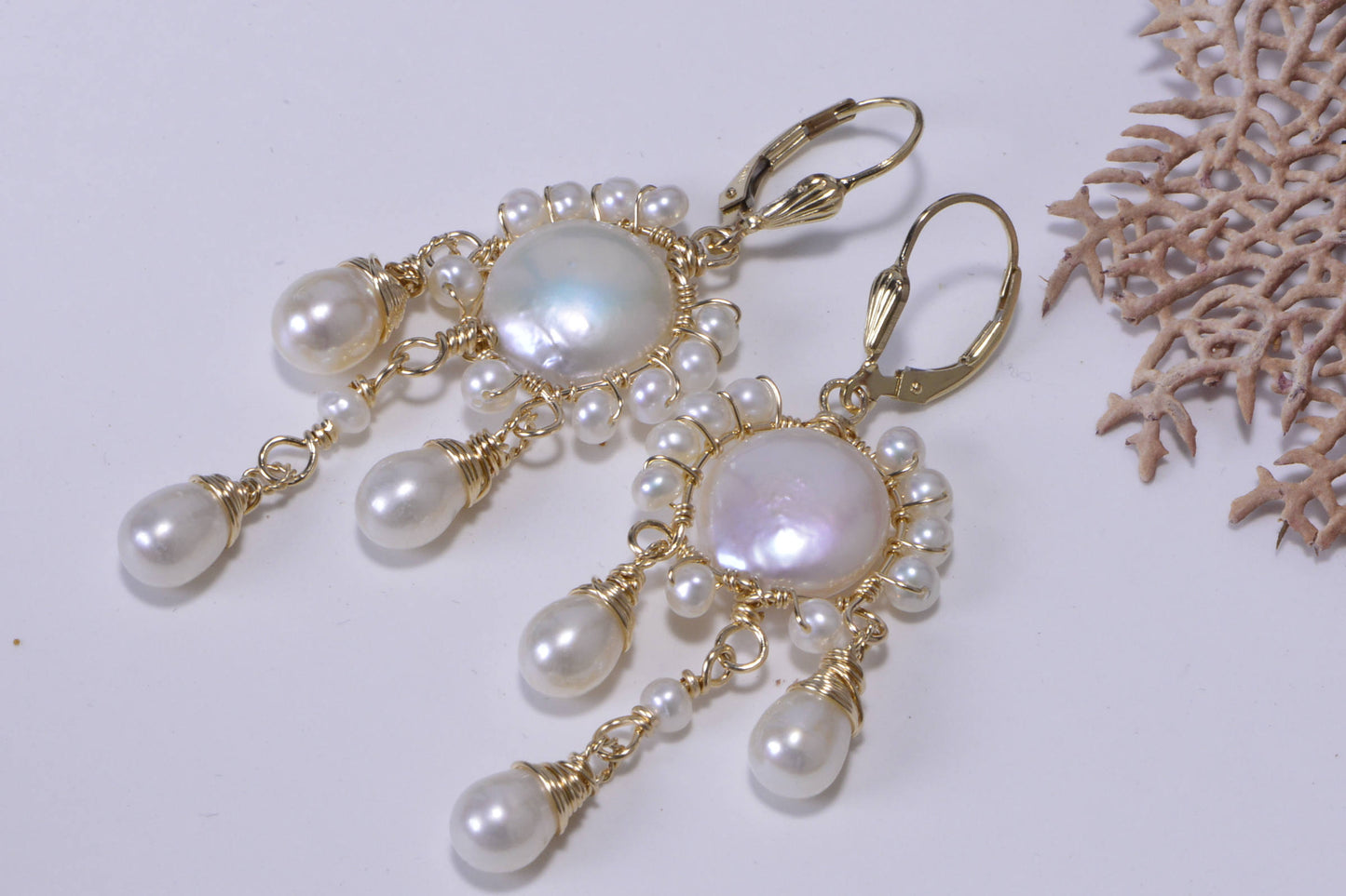 Gold Filled Freshwater Pearl Earrings, Sculpture Wire Wrapped