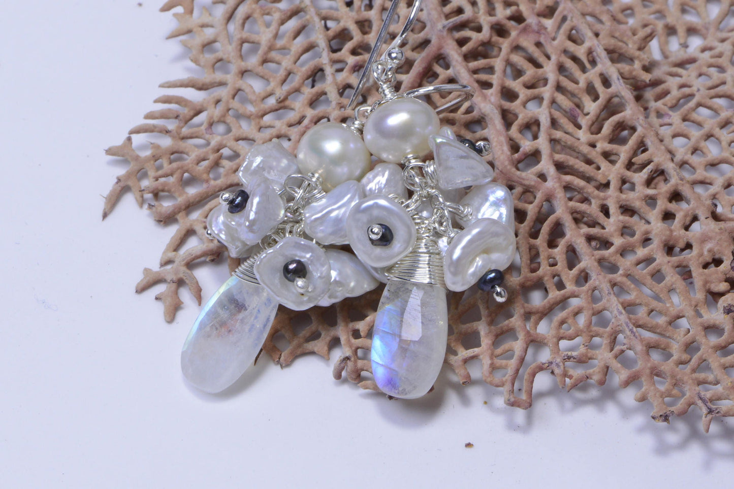 Moonstone & Keishi Pearl Sterling Silver Cascade Earrings