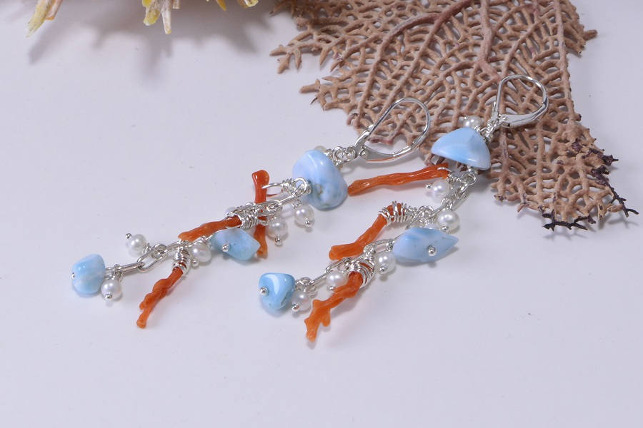 Larimar Coral Pearl Sterling Silver Earrings, Handmade Dangle Earrings