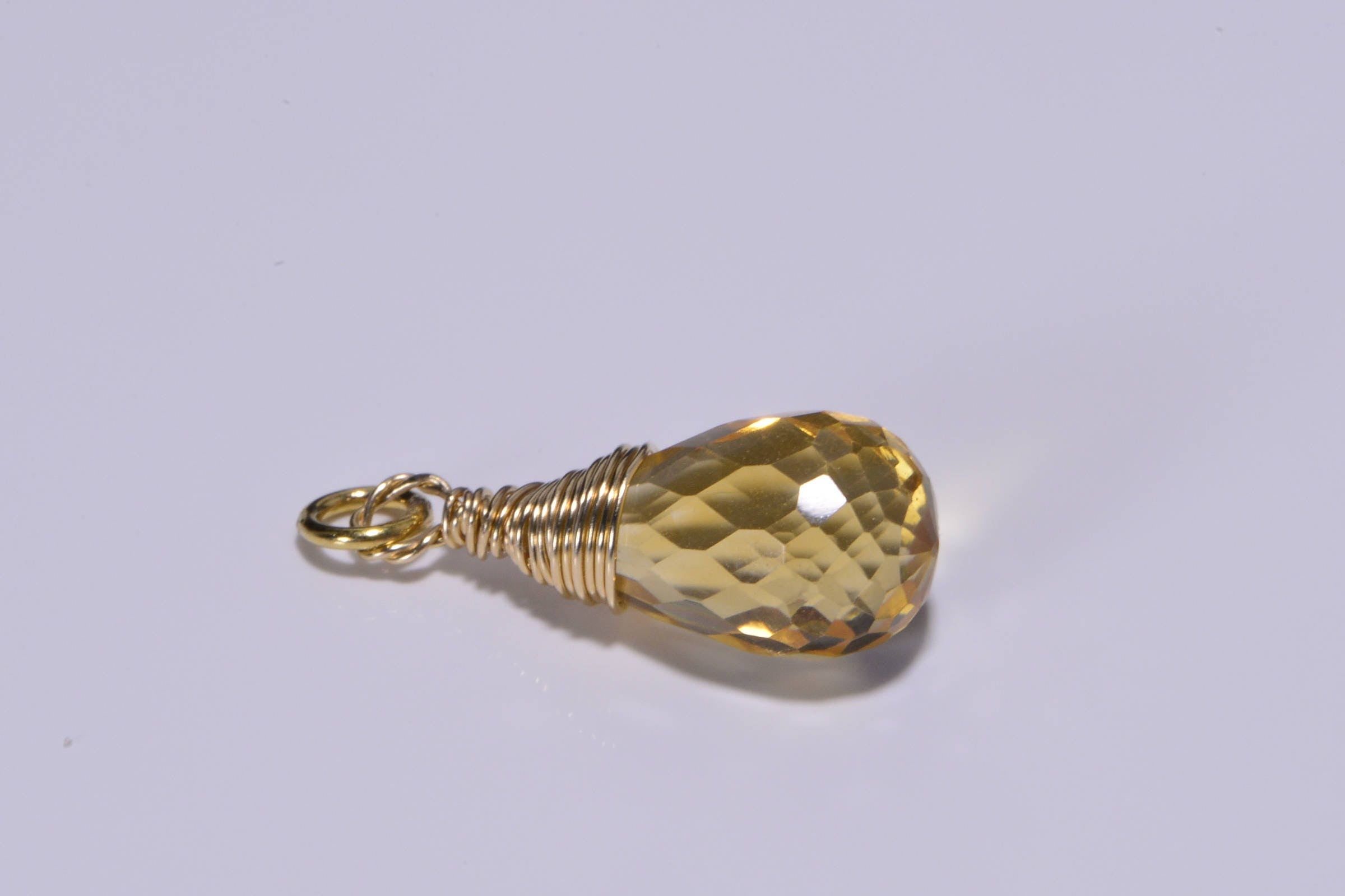 Wire Wrapped Citrine Teardrop Pendant: 14K Gold Filled Dangle