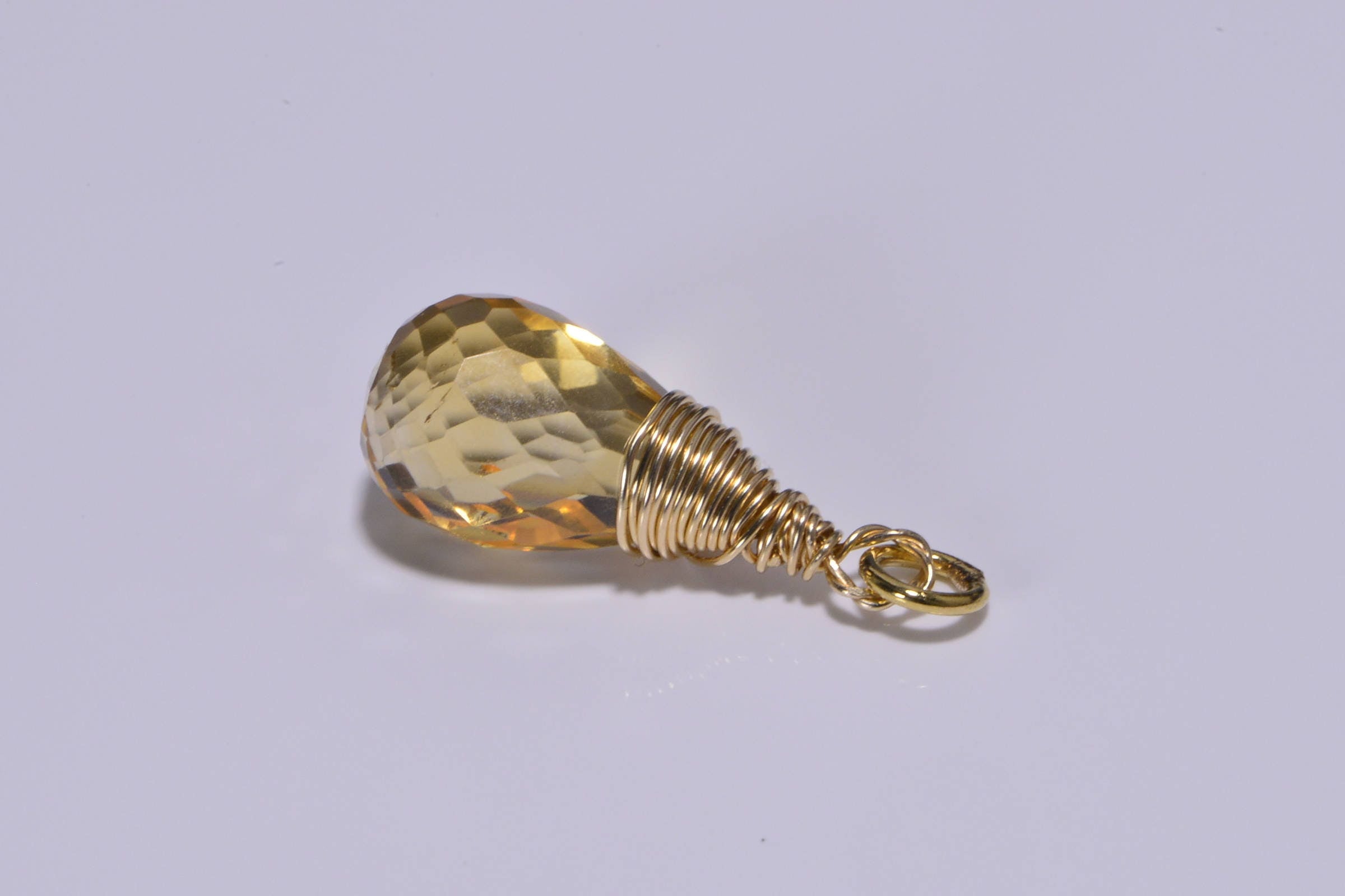 Wire Wrapped Citrine Teardrop Pendant: 14K Gold Filled Dangle