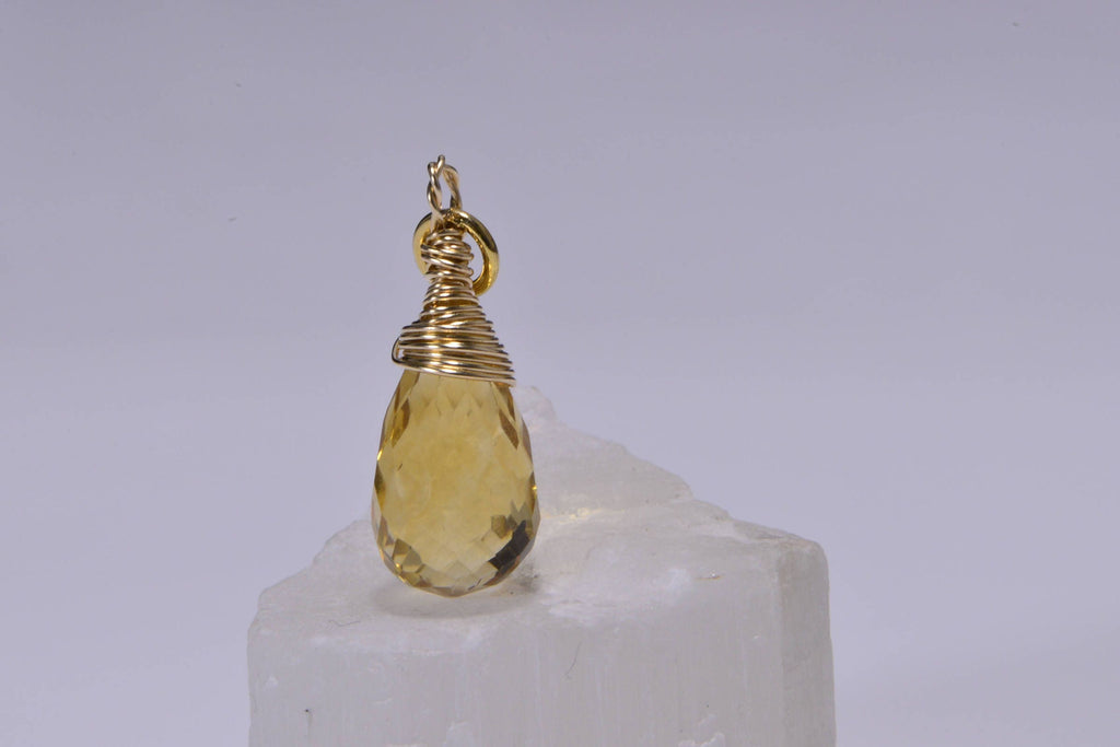Wire Wrapped Citrine Teardrop Pendant: 14K Gold Filled Dangle