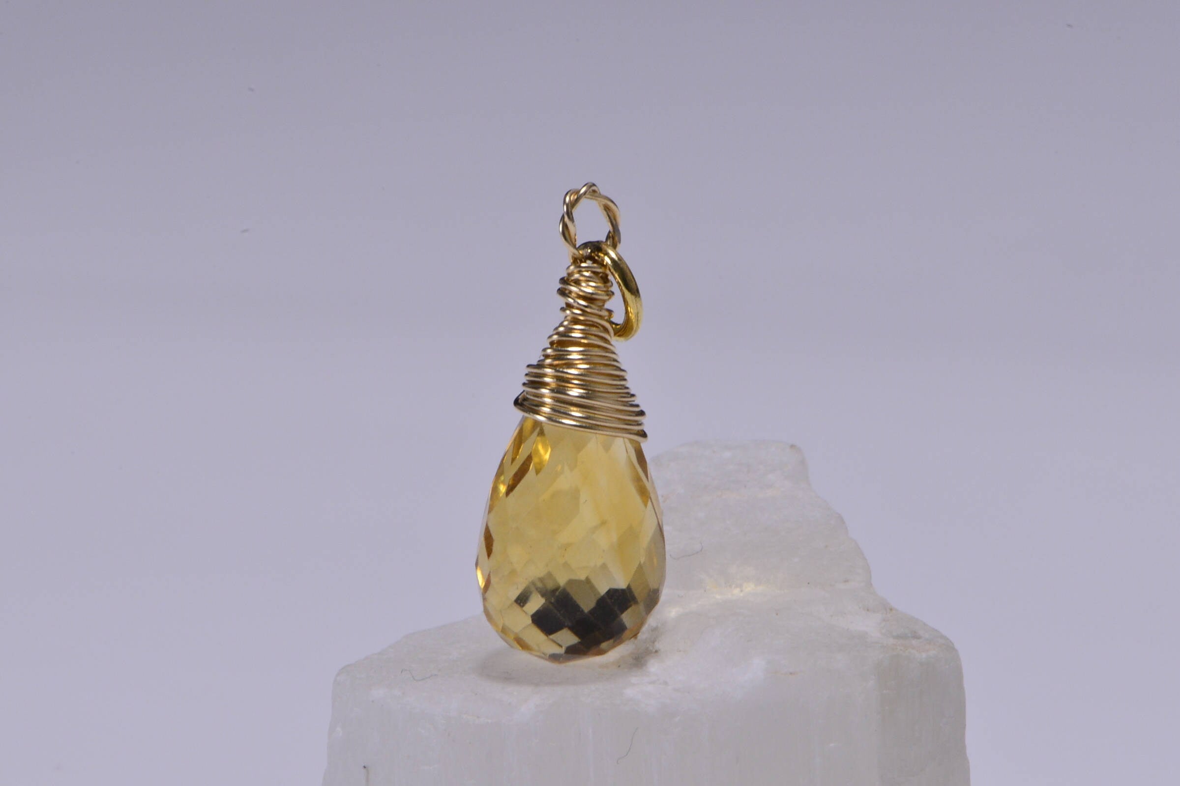 Wire Wrapped Citrine Teardrop Pendant: 14K Gold Filled Dangle