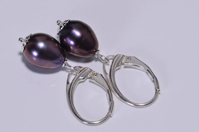 Baroque Black Pearl Drop Earrings, Sterling Silver Lever Back