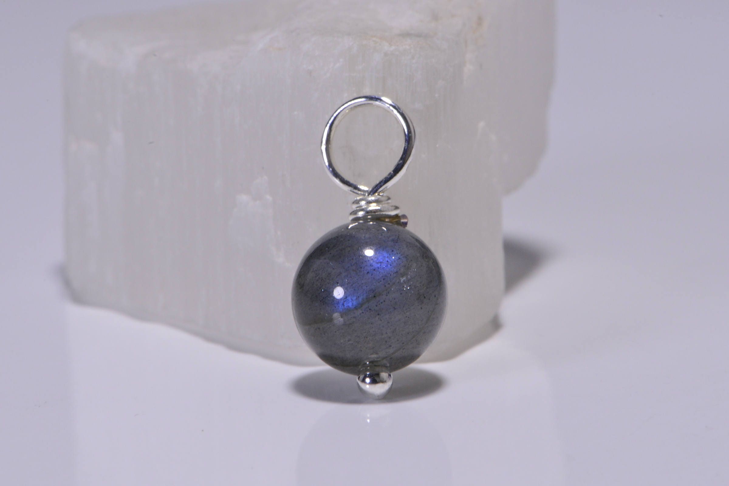 Labradorite Gemstone Dangle: Silver Wire Wrapped Bead (8mm)