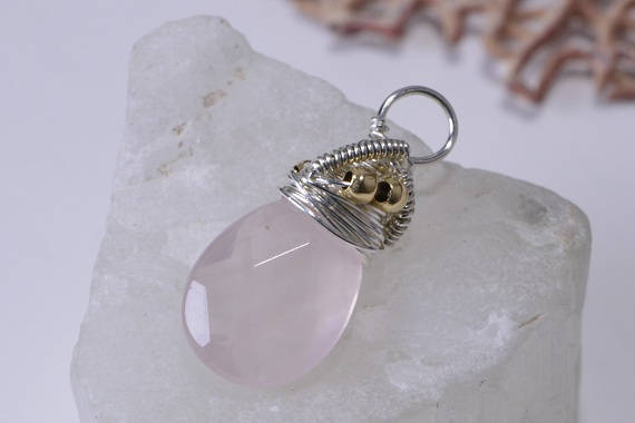 Rose Quartz Teardrop Pendant: Sterling Silver Wire Wrapped Briolette