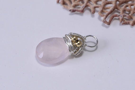 Rose Quartz Teardrop Pendant: Sterling Silver Wire Wrapped Briolette