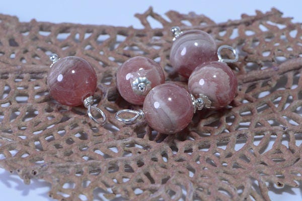 Rhodochrosite Sterling Silver Wire Wrapped Pendant, 8mm Dangle Bead