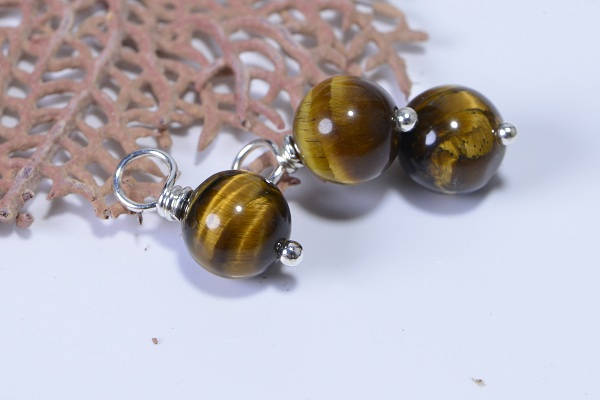 Tiger Eye Gemstone Dangle Beads, Silver Plated, Charm Beads (2 bead)