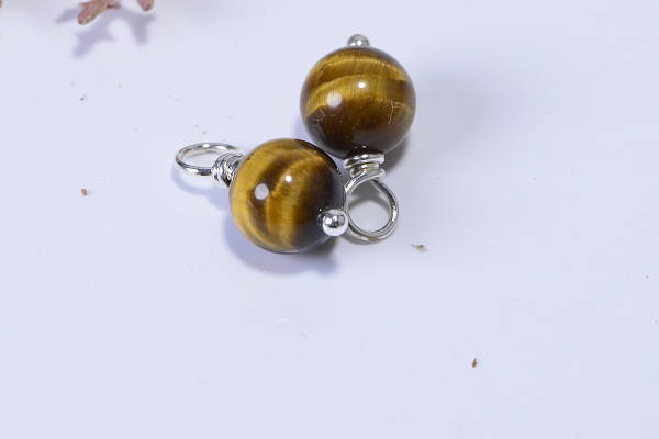 Tiger Eye Gemstone Dangle Beads, Silver Plated, Charm Beads (2 bead)