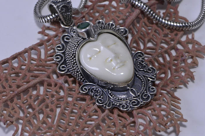 Moon Face bone carved  framed on sterling silver Natural Emerald Stone Pendant Patina Jewelry