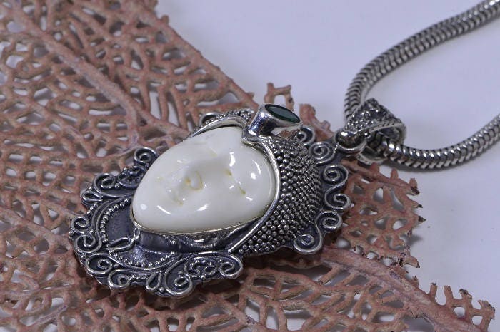 Moon Face bone carved  framed on sterling silver Natural Emerald Stone Pendant Patina Jewelry