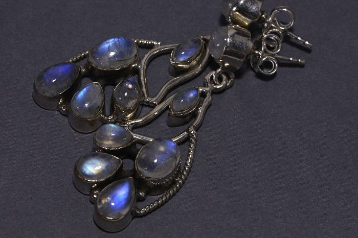 Moonstone Sterling Silver Earrings: Peacock Tail Studs