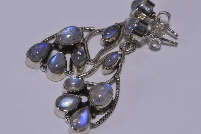 Moonstone Sterling Silver Earrings: Peacock Tail Studs