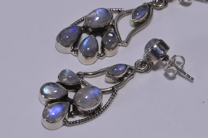 Moonstone Sterling Silver Earrings: Peacock Tail Studs