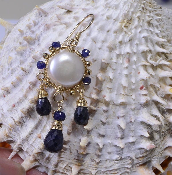 Sapphire & Pearl 14K Gold Filled Wire Wrapped Earrings