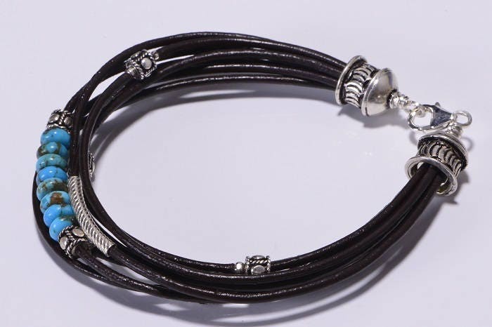 Kingman Turquoise Leather Bracelet: Sterling Silver Boho Bangle