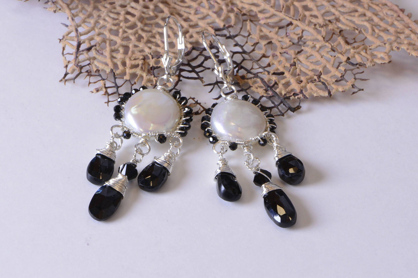 Wire Wrapped Pearl Earrings, Black Onyx, Sterling Silver