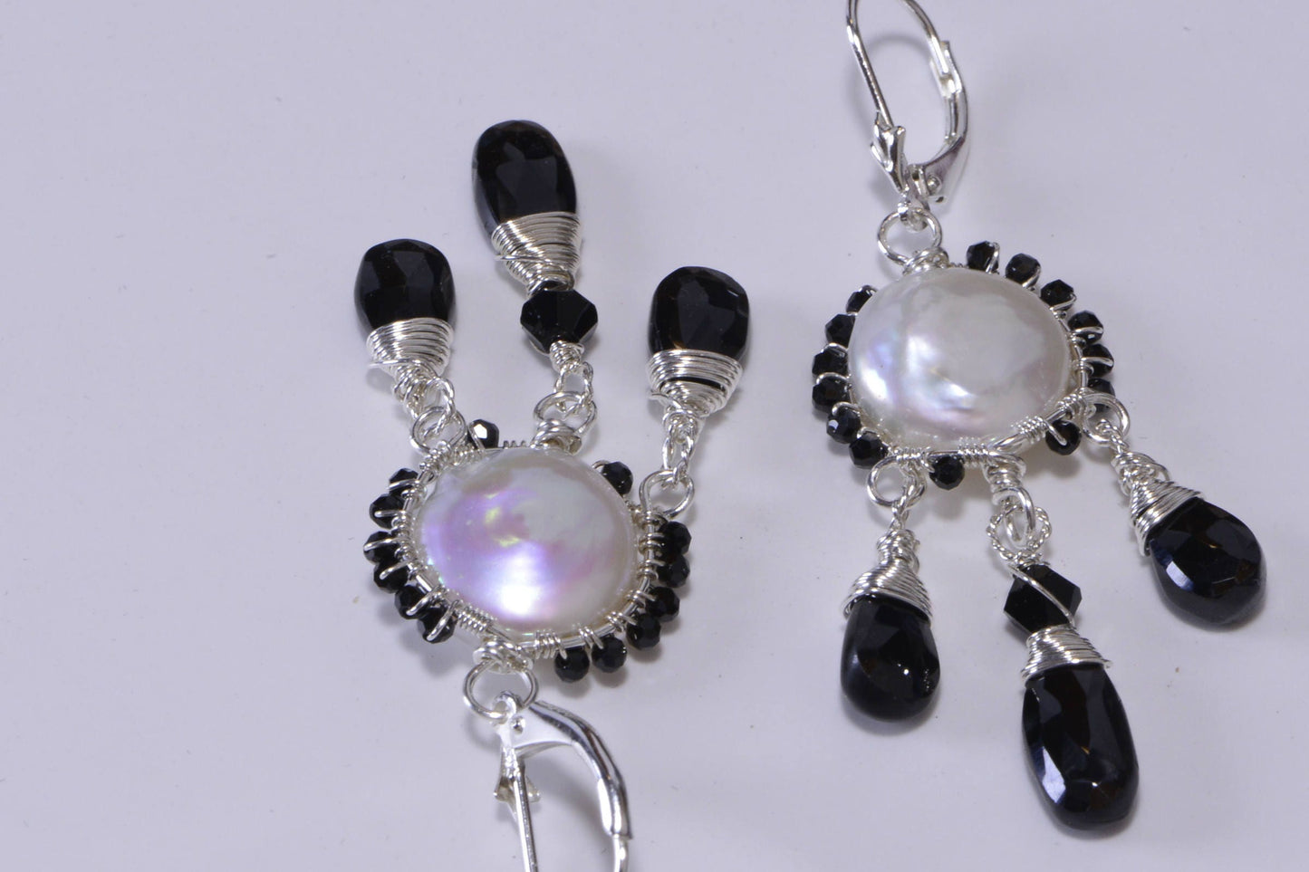 Wire Wrapped Pearl Earrings, Black Onyx, Sterling Silver