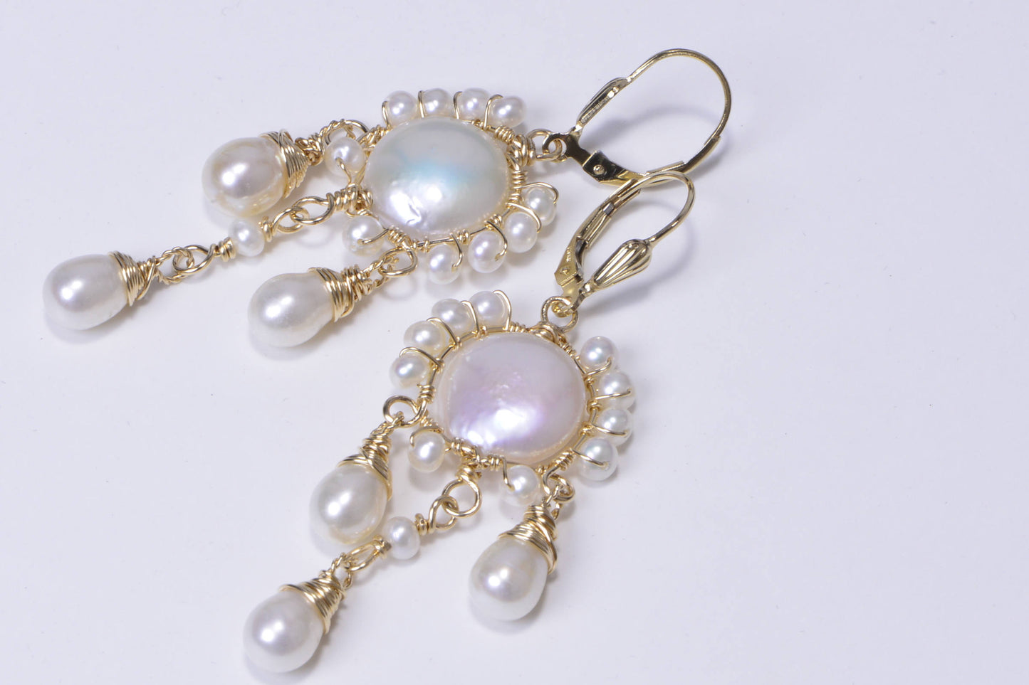 Gold Filled Freshwater Pearl Earrings, Sculpture Wire Wrapped